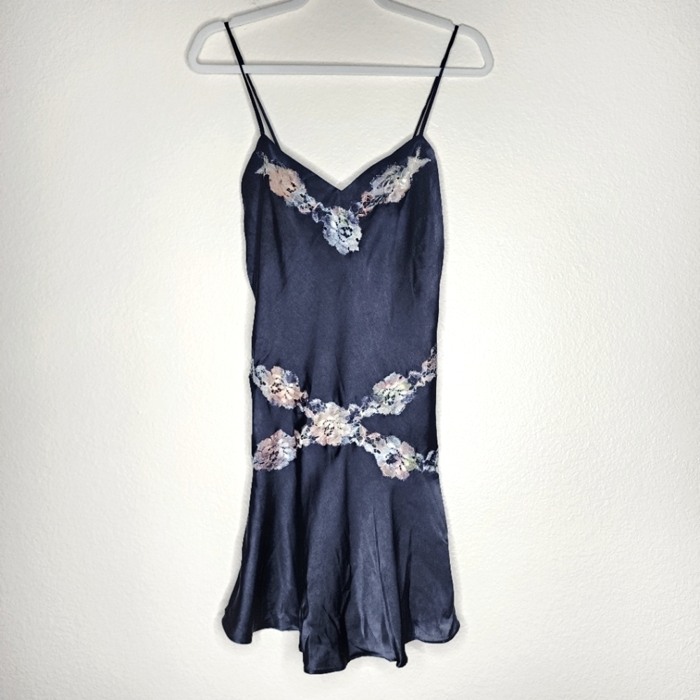 Natori Navy Blue Satin Slip with Pastel Floral Lace